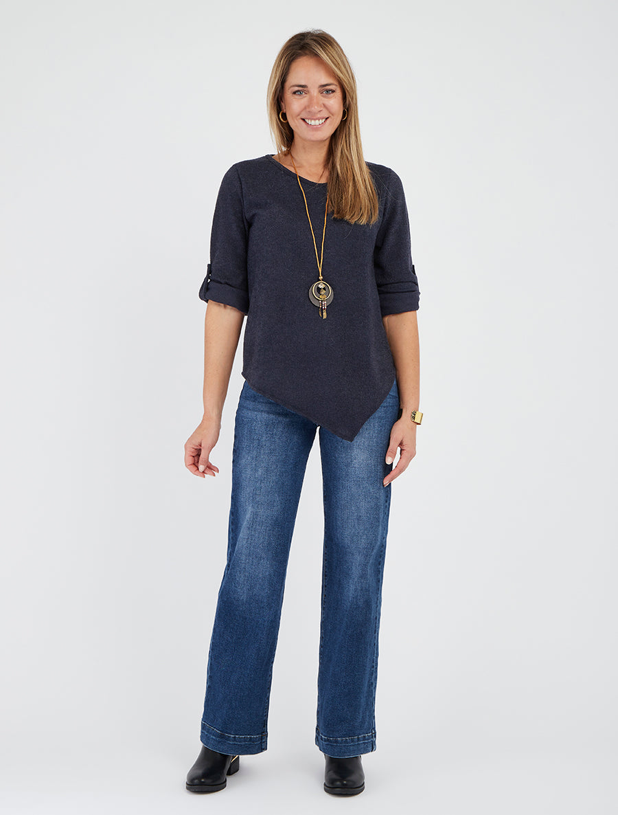 Asymmetrische dunne trui met oprolbare lange mouwen - Marine