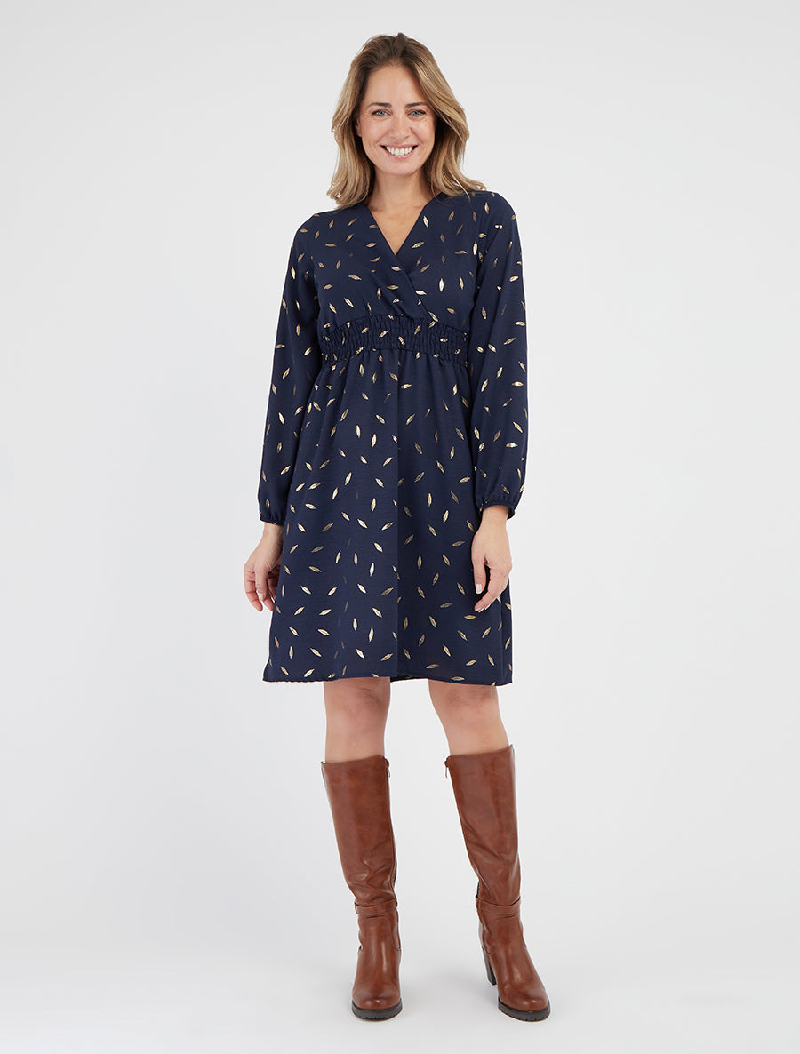 Robe évasée à imprimé plumes dorées - Marine