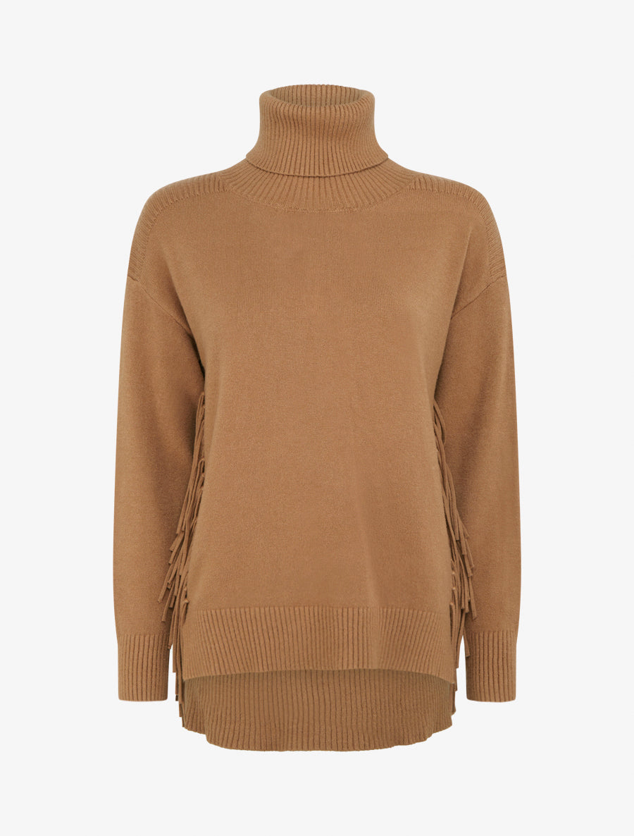 Pull uni à col roulé et franges - Camel - 1