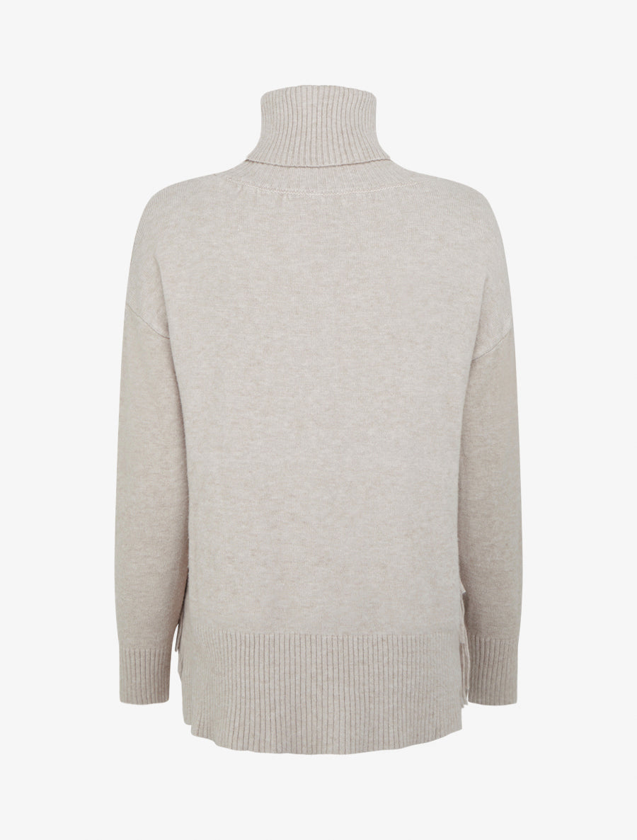 Pull uni à col roulé et franges - Beige - 2