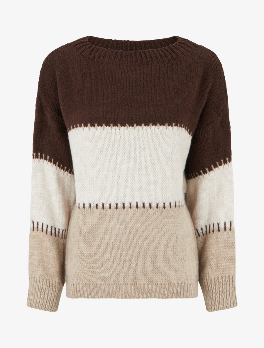 Pull droit à grandes rayures - Marron - 1