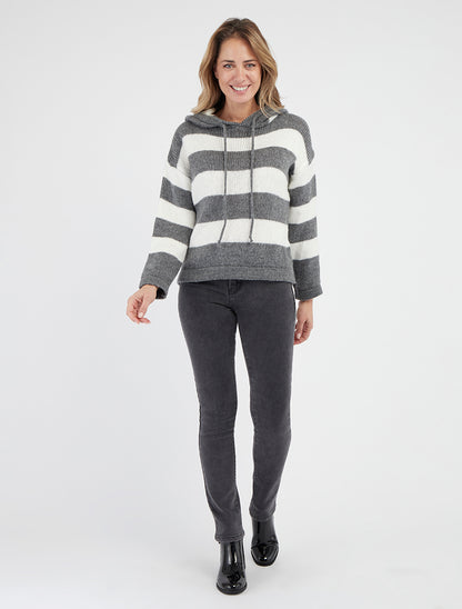 Pull rayé à capuche - Gris