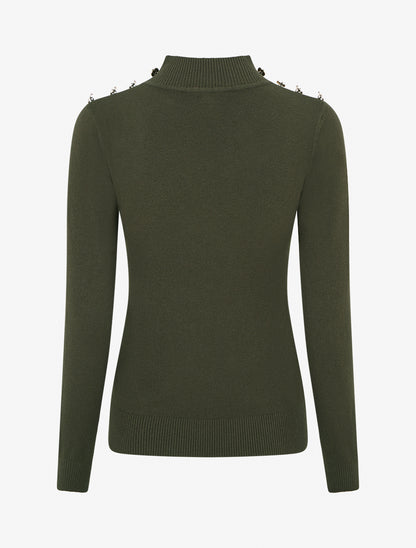 Pull ajusté à col montant et boutons - Kaki - 2