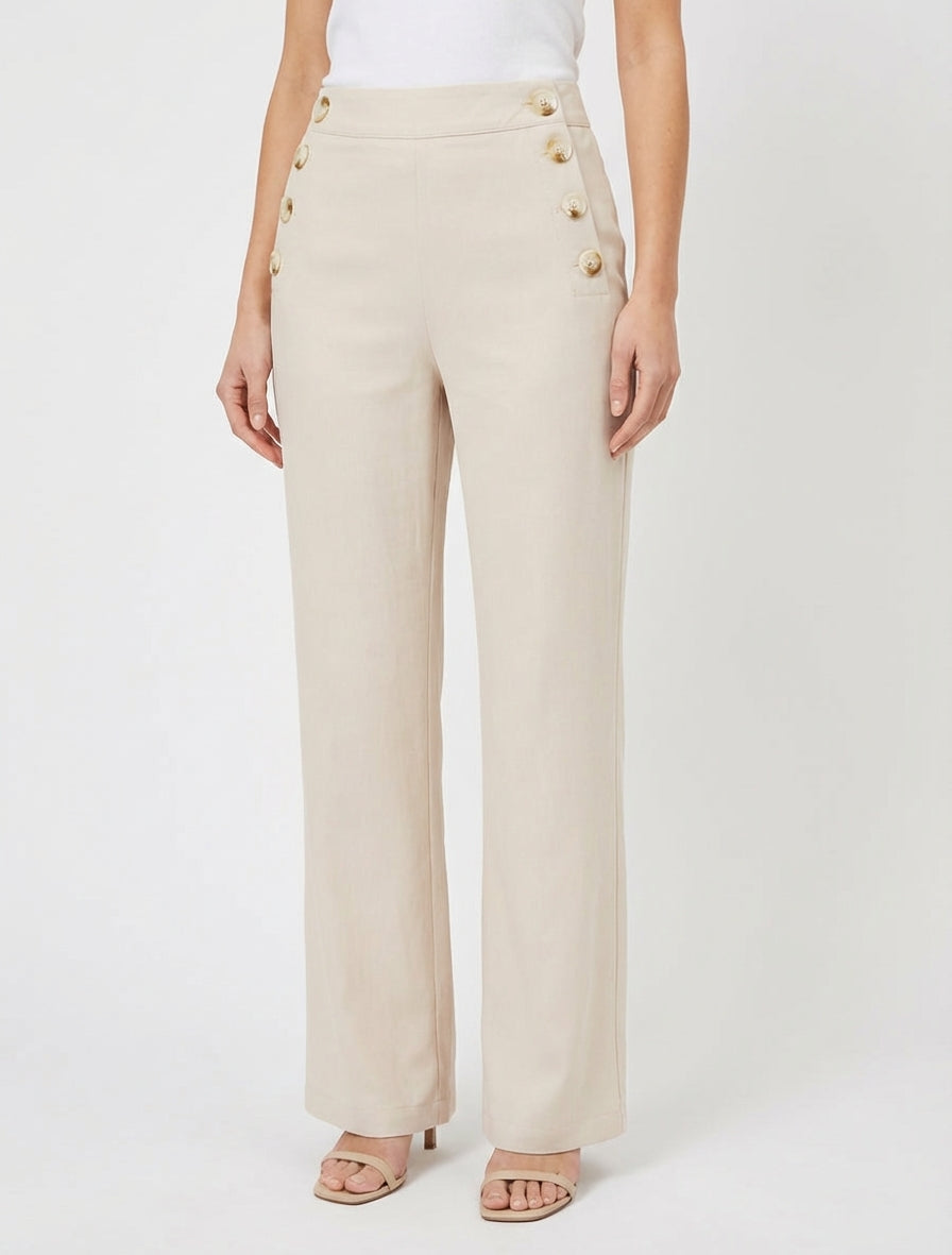 Pantalon droit à fermeture boutonnée sur les côtés - Beige