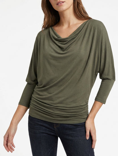 Soepelvallend top met 3/4 vleermuismouwen - Kaki