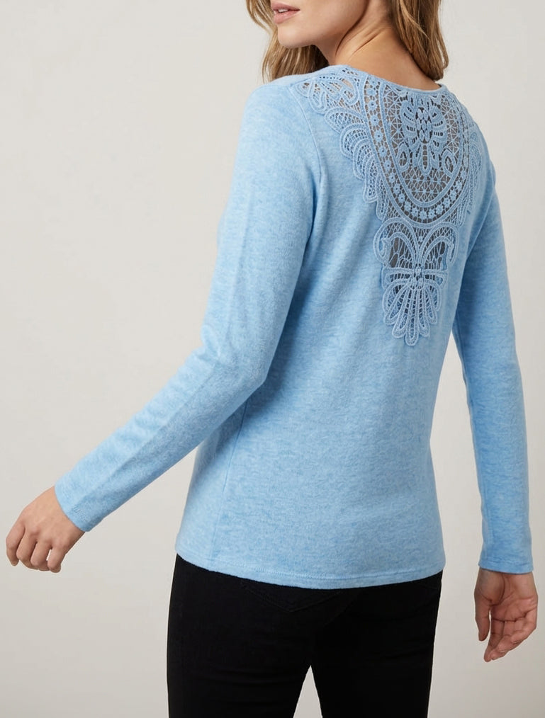 Pull à dos brodé et col bénitier - Bleu ciel