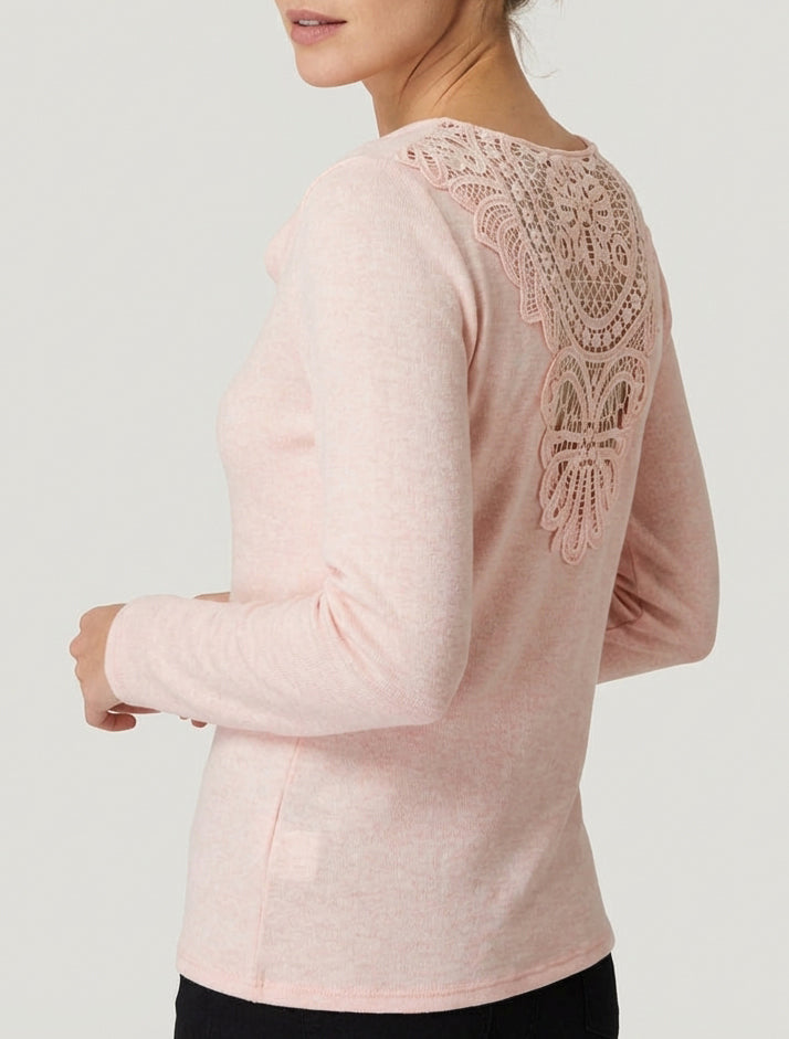 Pull à dos brodé et col bénitier - Rose