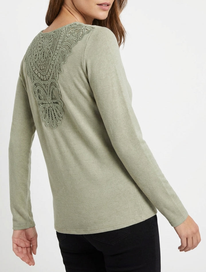 Pull à dos brodé et col bénitier - Kaki