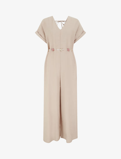 Combinaison ample à manches courtes et ceinture perlée - Beige - 1