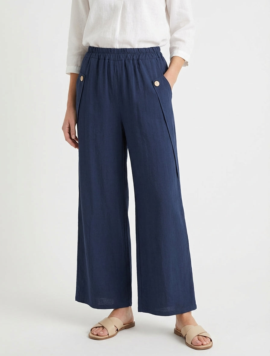 Pantalon ample uni à boutons décoratifs - Marine