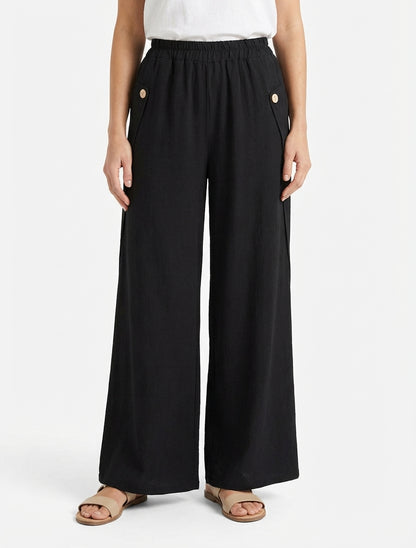Pantalon ample uni à boutons décoratifs - Noir