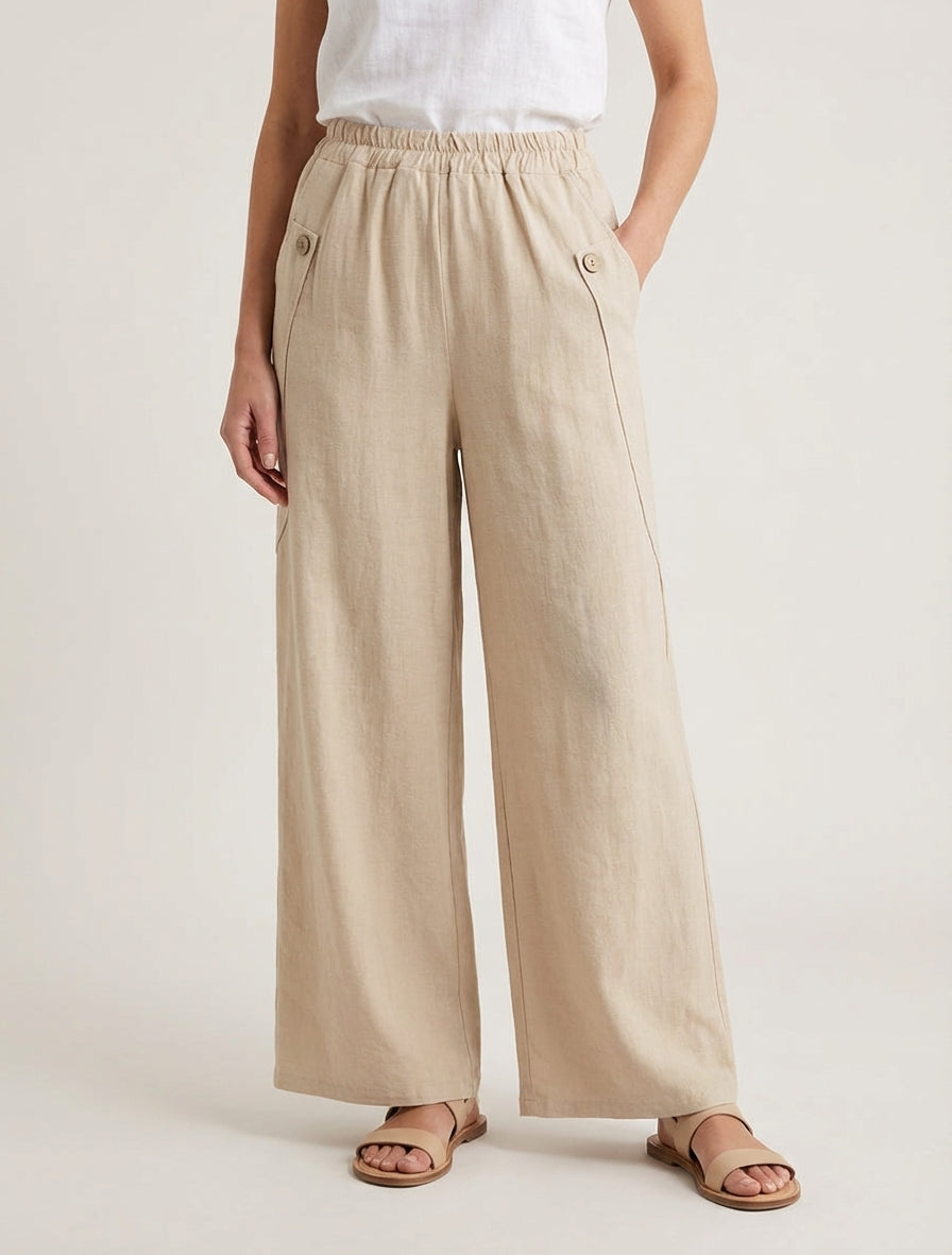 Pantalon ample uni à boutons décoratifs - Beige