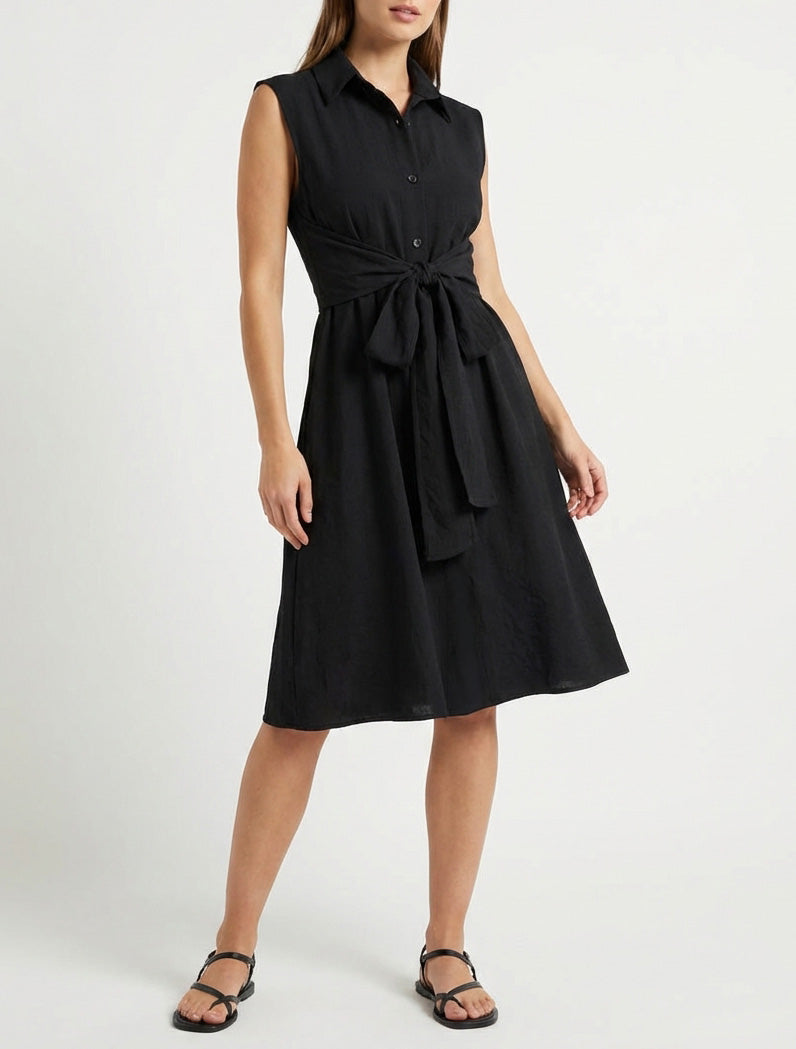 Robe chemise sans manches à liens à nouer - Noir