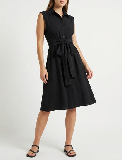 Robe chemise sans manches à liens à nouer - Noir