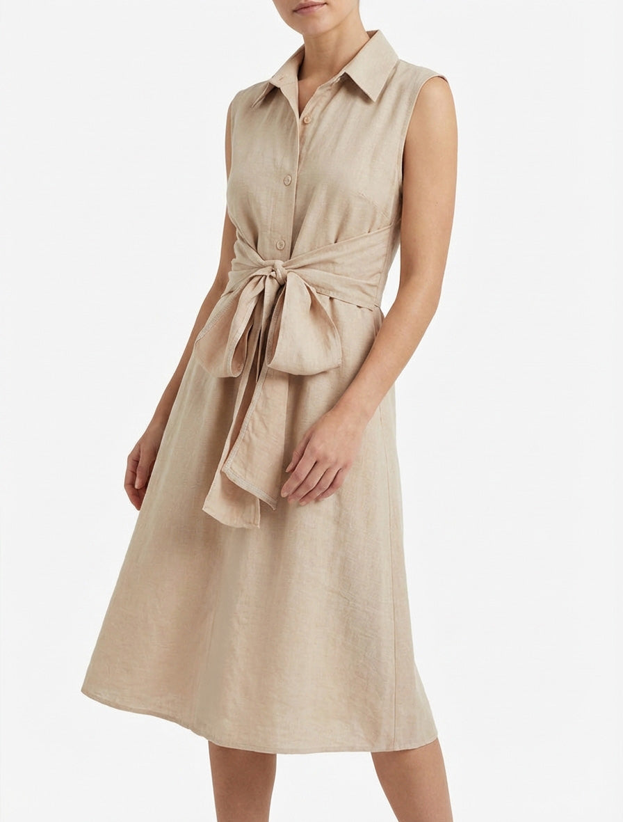 Robe chemise sans manches à liens à nouer - Beige
