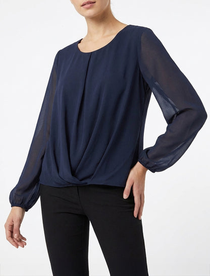 Blouse van voile met een gedrapeerd effect. - Marine