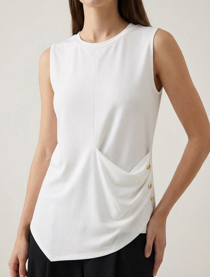 Top sans manches effet drapé et boutons - Blanc