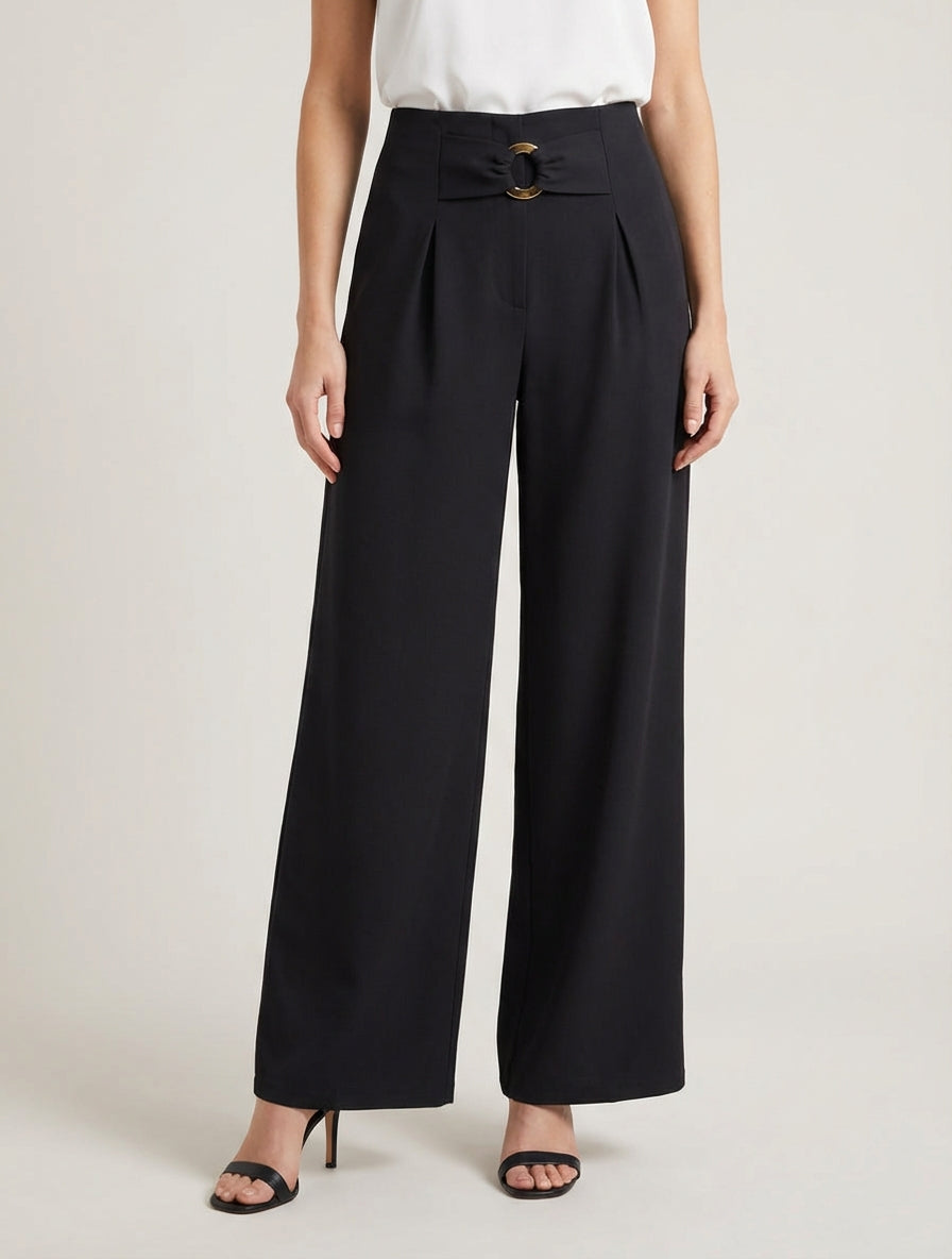 Wijde broek met hoge taille en fantasiegesp. - Zwart