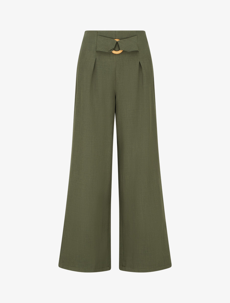 Pantalon ample à taille haute à boucle fantaisie - Kaki - 1