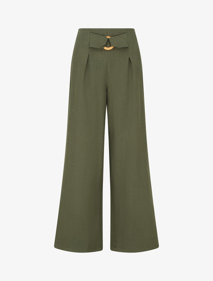Pantalon ample à taille haute à boucle fantaisie - Kaki - 1