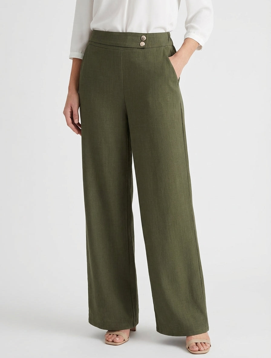 Wijde broek met riem en knopen - Kaki