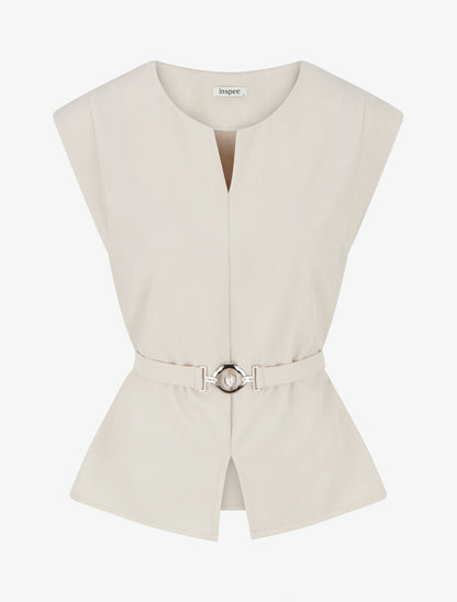 Top uni sans manches à empiècement bijou - Beige - 1