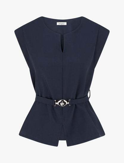 Top uni sans manches à empiècement bijou - Marine - 1