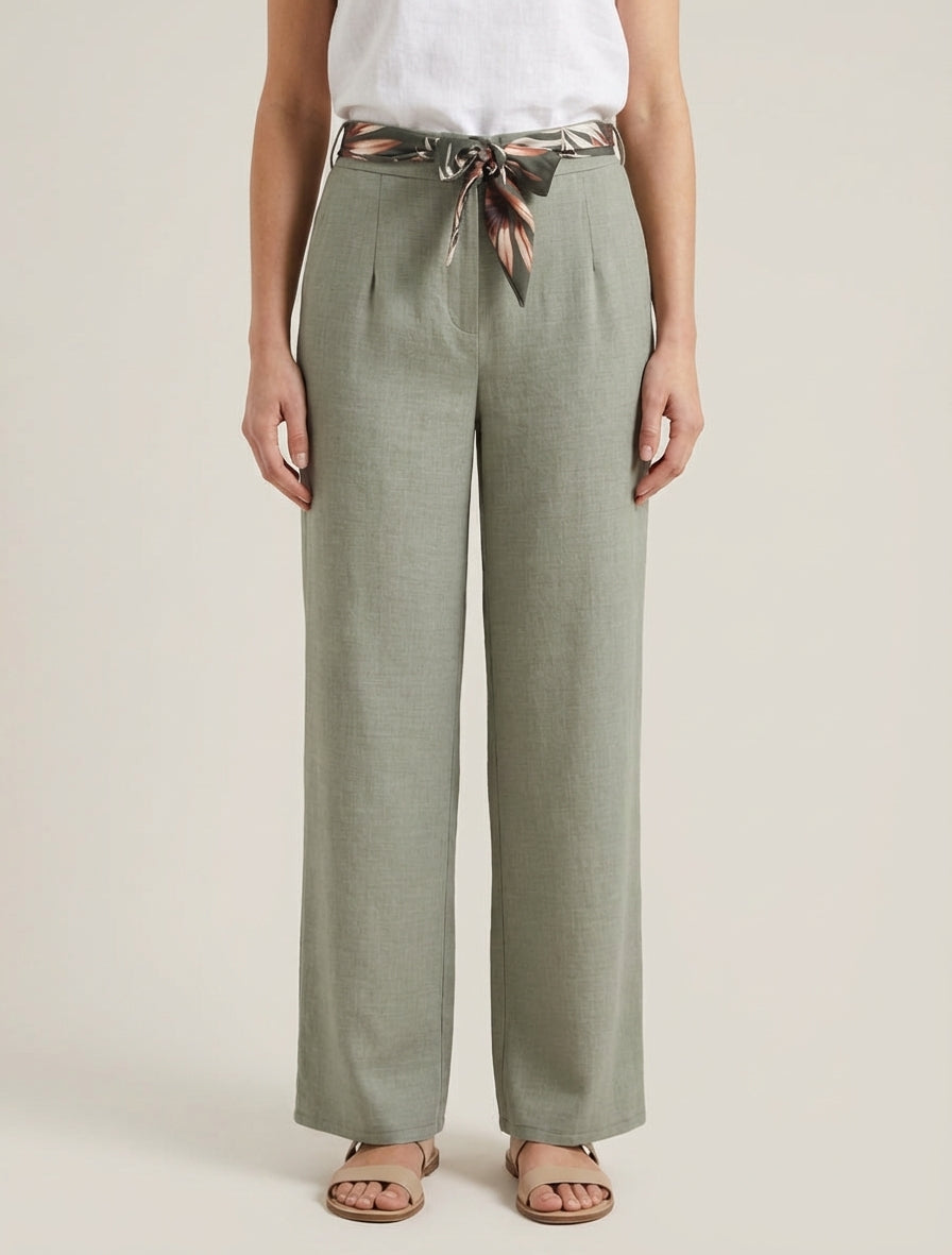 Rechte broek met linnen effect en ceintuur - Kaki