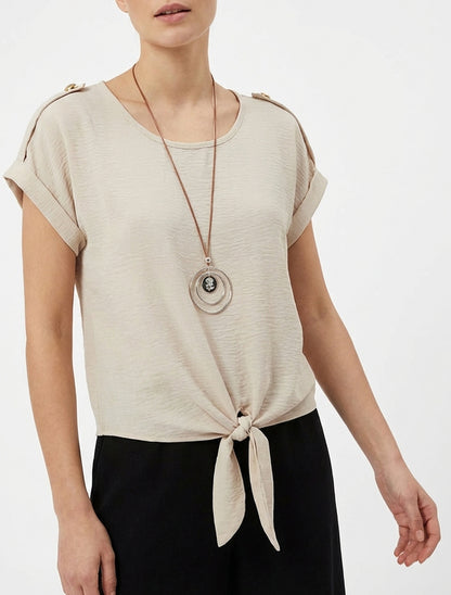 Top uni à nouer et manches courtes - Beige