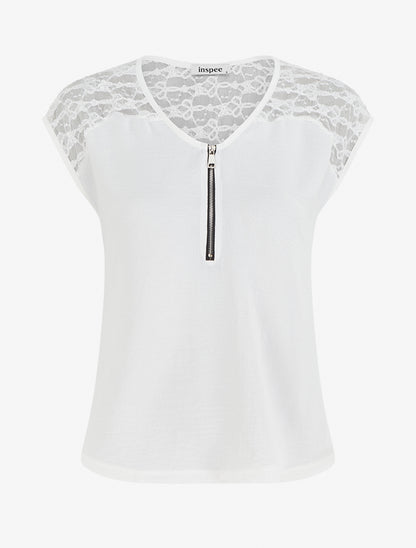 Top droit à zip et dentelle - Blanc - 1