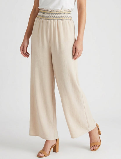 Pantalon droit à taille haute élastiquée - Beige