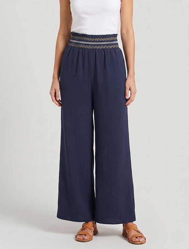 Pantalon droit à taille haute élastiquée - Marine