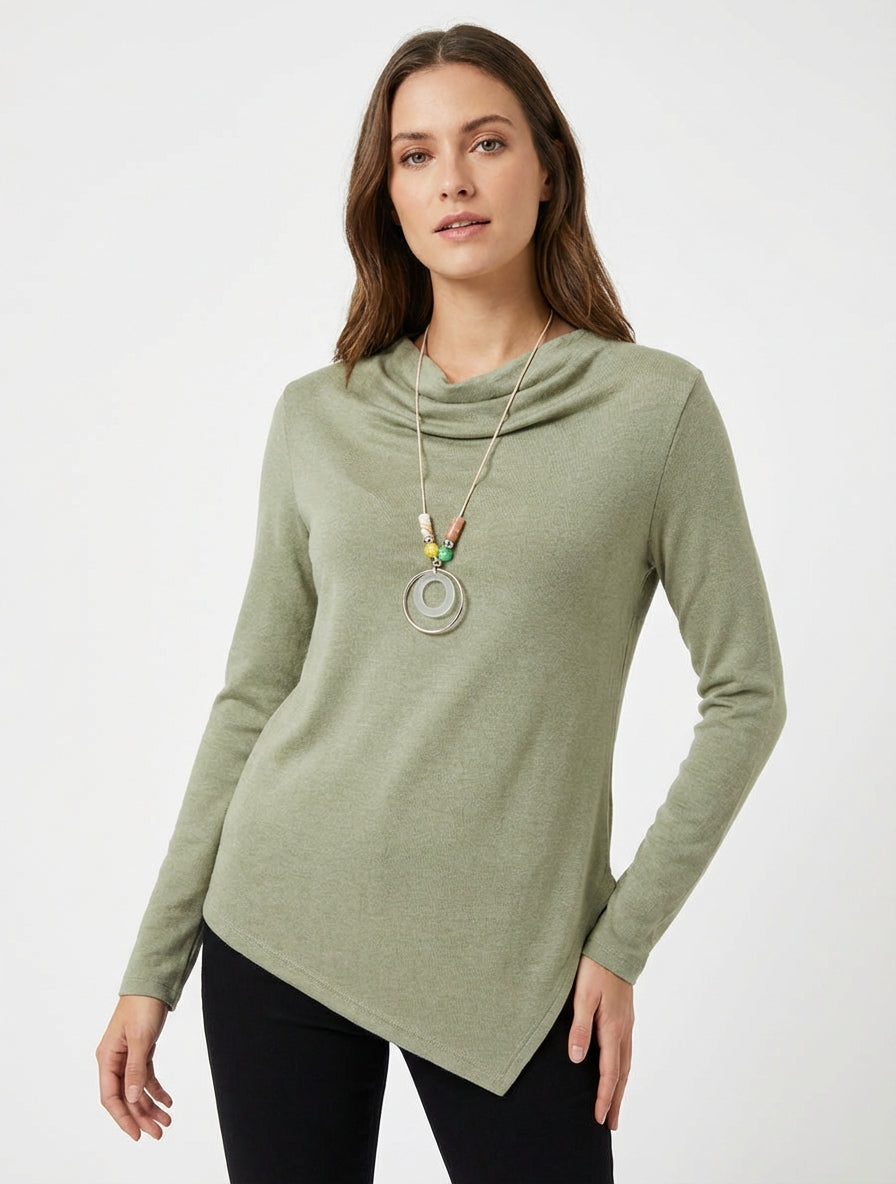 Asymmetrische trui met watervalkraag - Kaki