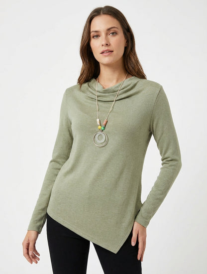 Asymmetrische trui met watervalkraag - Kaki