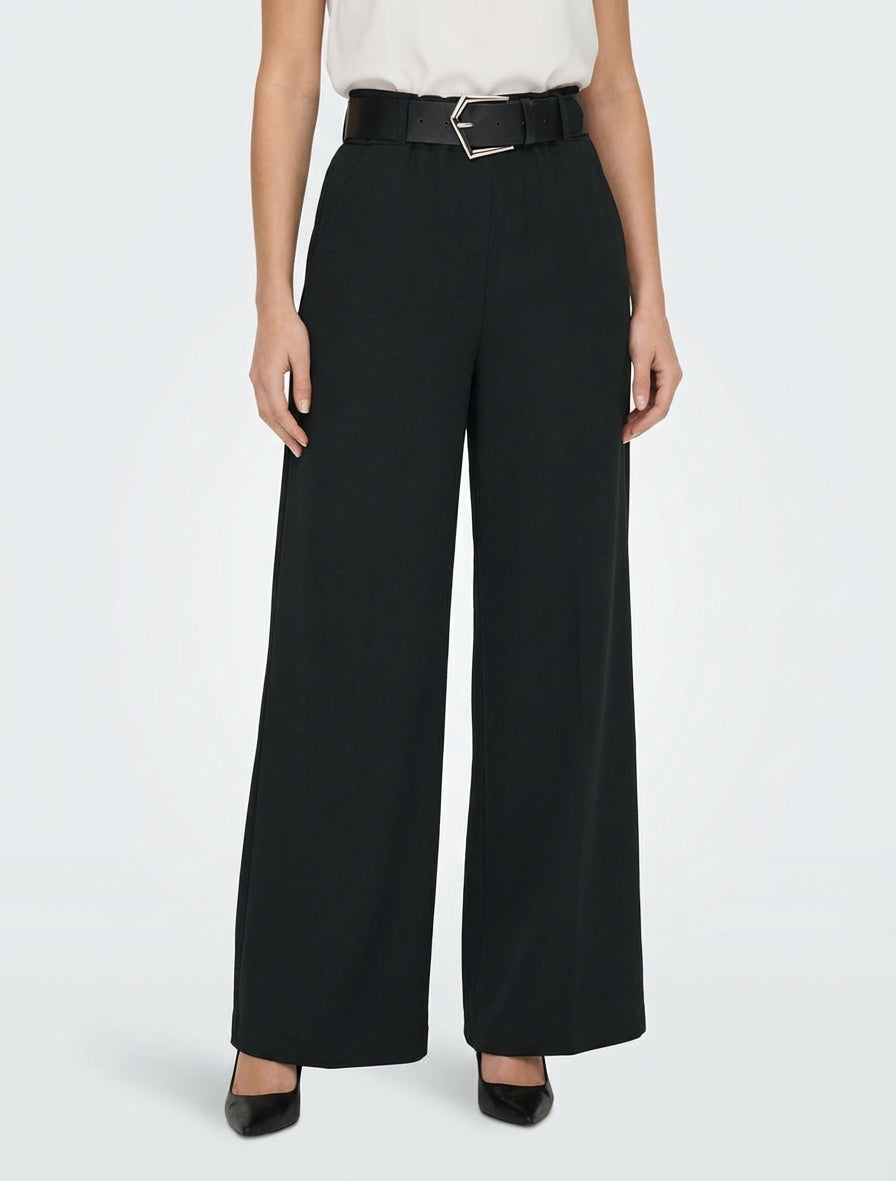 Wijde effen broek met hoge taille - Zwart