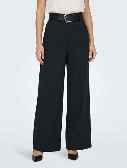 Wijde effen broek met hoge taille - Zwart