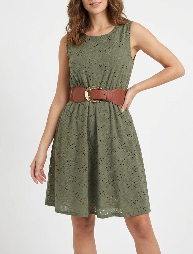 Robe évasée sans manches en broderie anglaise - Kaki