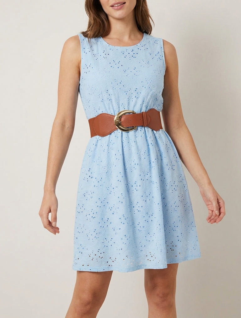 Robe évasée sans manches en broderie anglaise - Bleu ciel