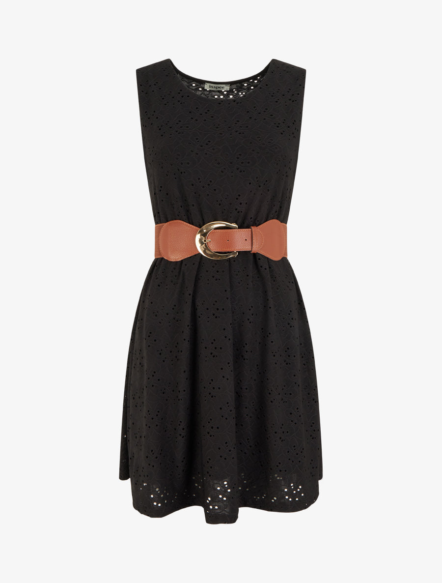 Robe évasée sans manches en broderie anglaise - Noir - 1