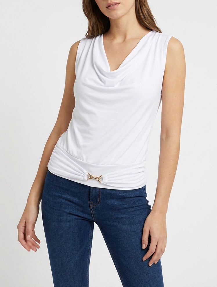 Top uni à empiècement bijou strassé - Blanc
