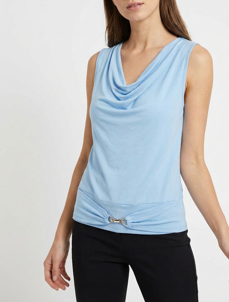 Top uni à empiècement bijou strassé - Bleu ciel