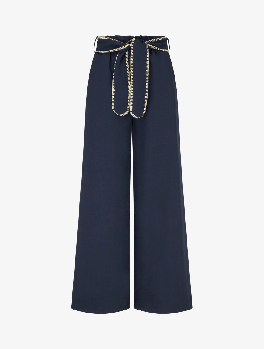 Pantalon ceinturé à détail irisé - Marine - 1