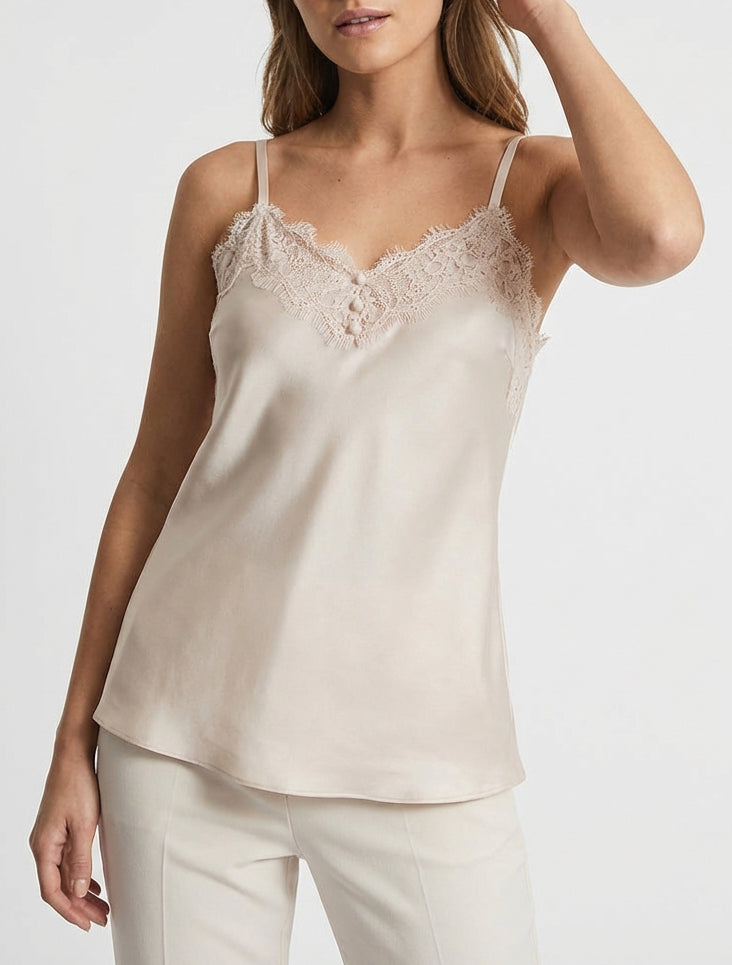 Satijnen hemdje met kanten detail - Beige