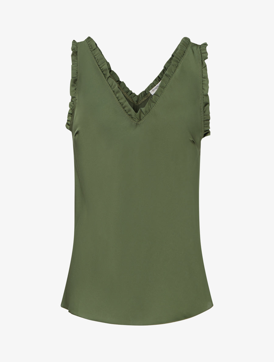 Top satiné sans manches à col volanté - Kaki - 1