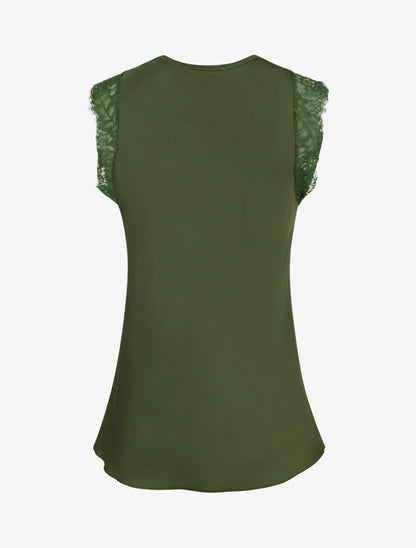 Top satiné à col V en dentelle - Kaki - 2