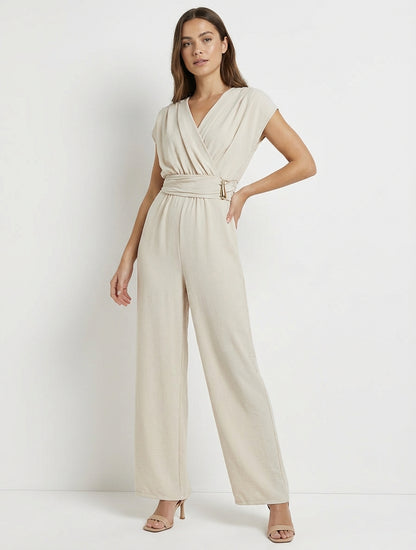 Ruime jumpsuit met wikkeloverslag en draperend effect - Beige
