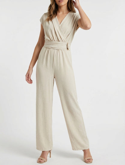 Ruime jumpsuit met wikkeloverslag en draperend effect - Beige