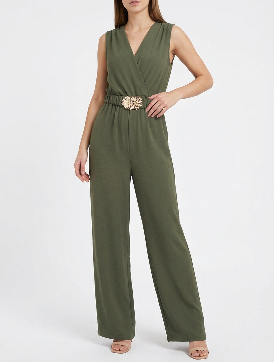 Mouwloze jumpsuit met riem - Kaki