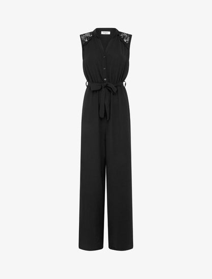 Combinaison boutonnée à épaules en dentelle - Noir - 1