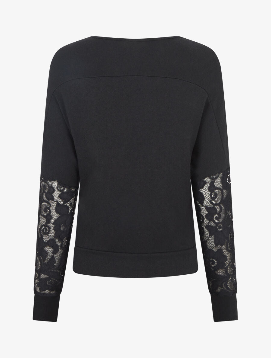 Pull fin dolman à bande dentelle - Noir - 2